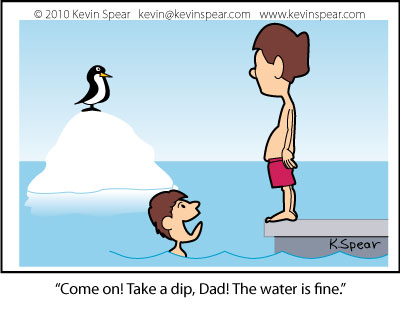 Cartoon of boy in water and man staring at a penguin.