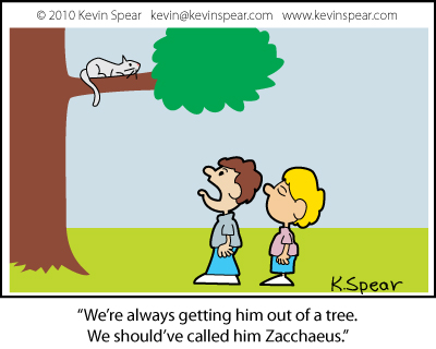 Cartoon of two kids looking at a treed cat. A boy says, “We're always 